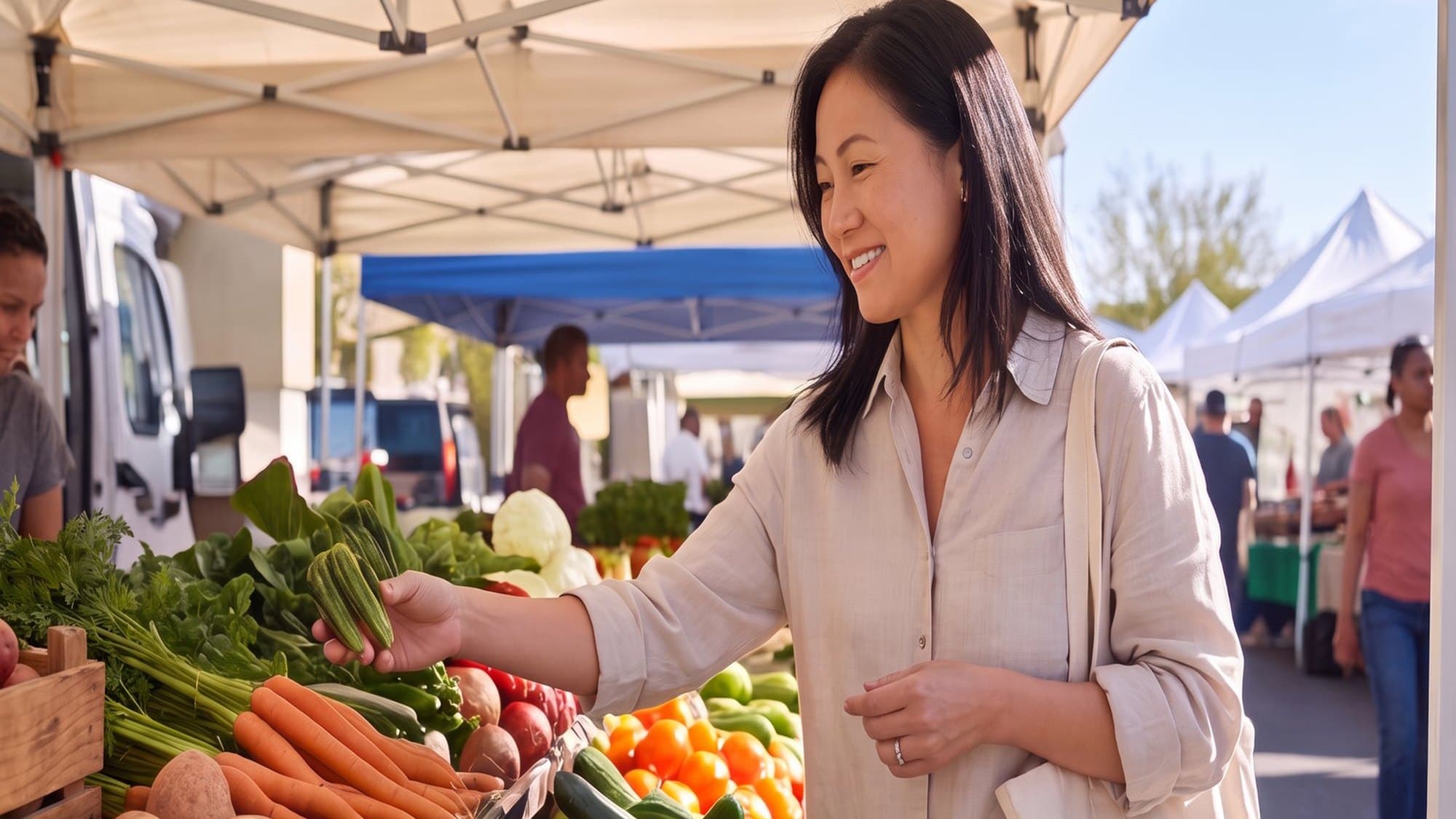 A woman choosing fresh vegetables at an outdoor farmers market stall