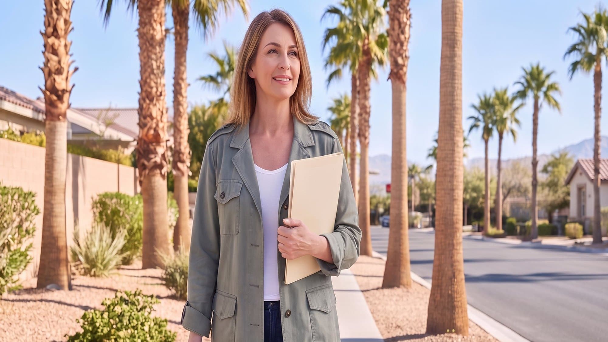 A woman holding a closed folder while walking along a palm-lined neighborhood street