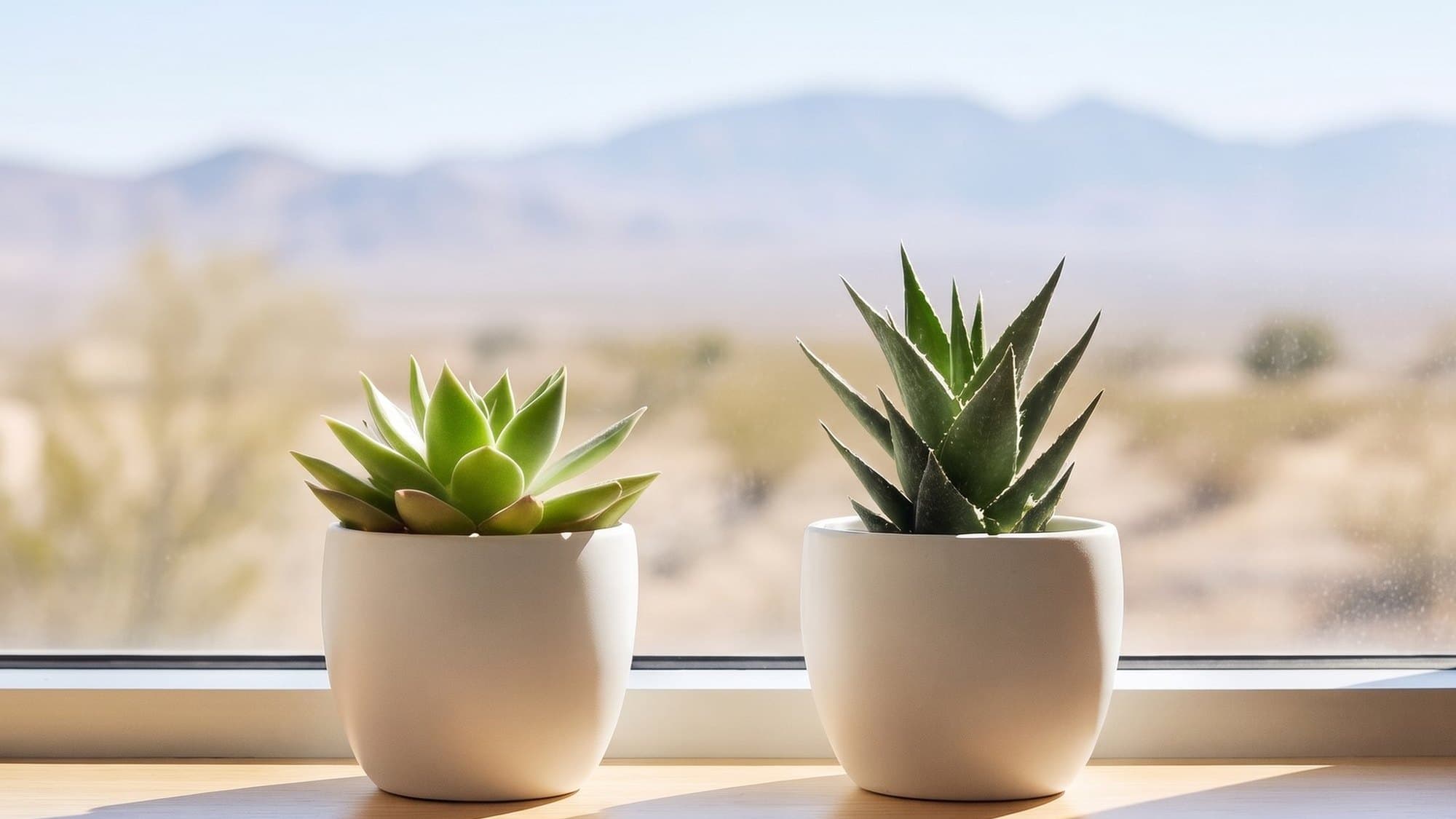 Two small succulents in white pots side by side on a sunny windowsill