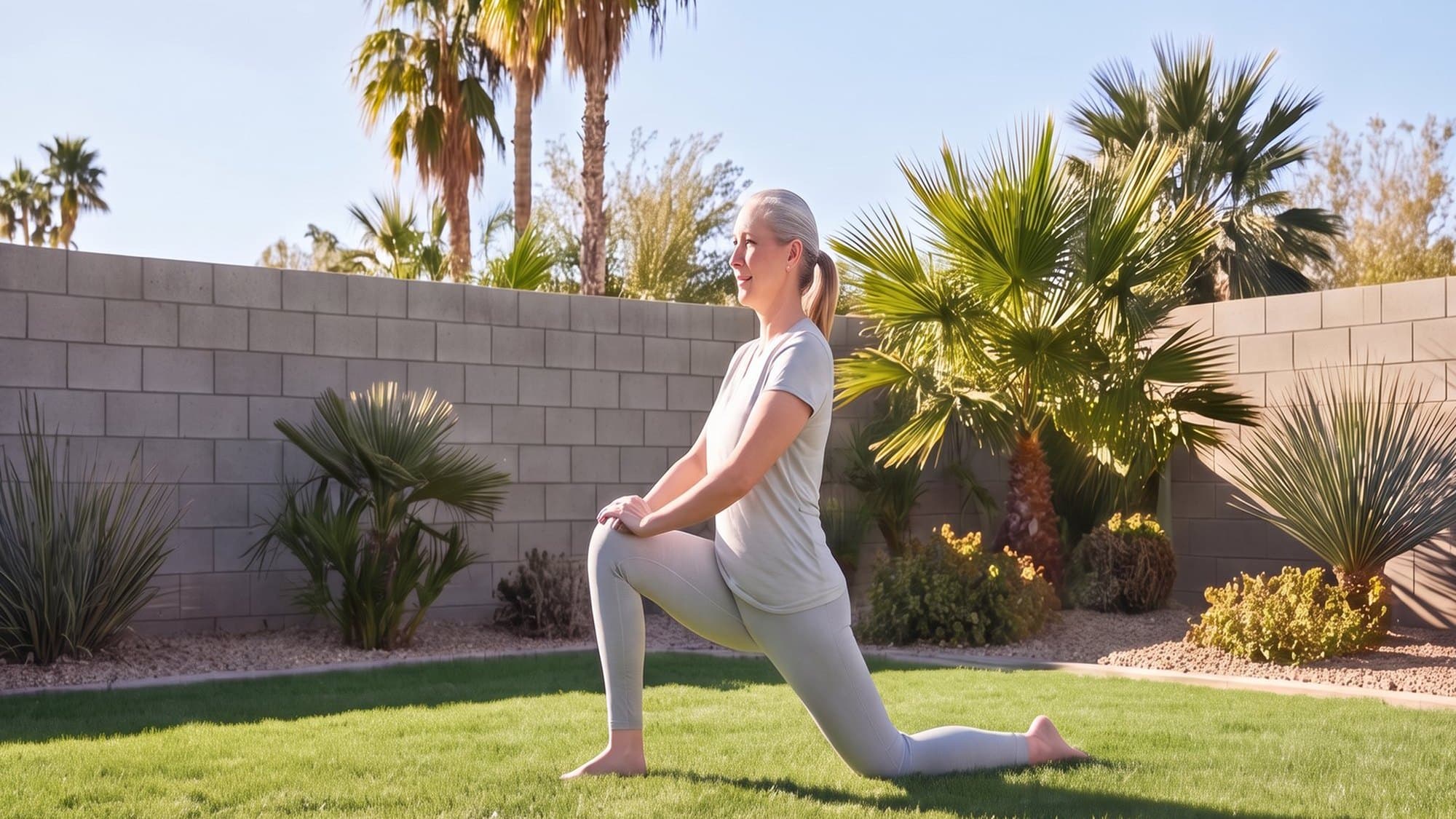 A woman doing a gentle lunge stretch on a backyard lawn among palms and desert plants