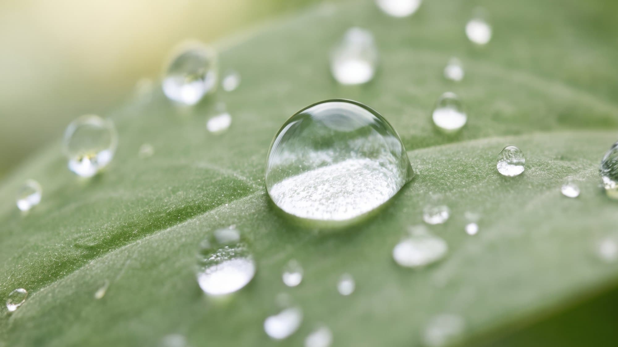Water droplets of different sizes on a green leaf in bright light