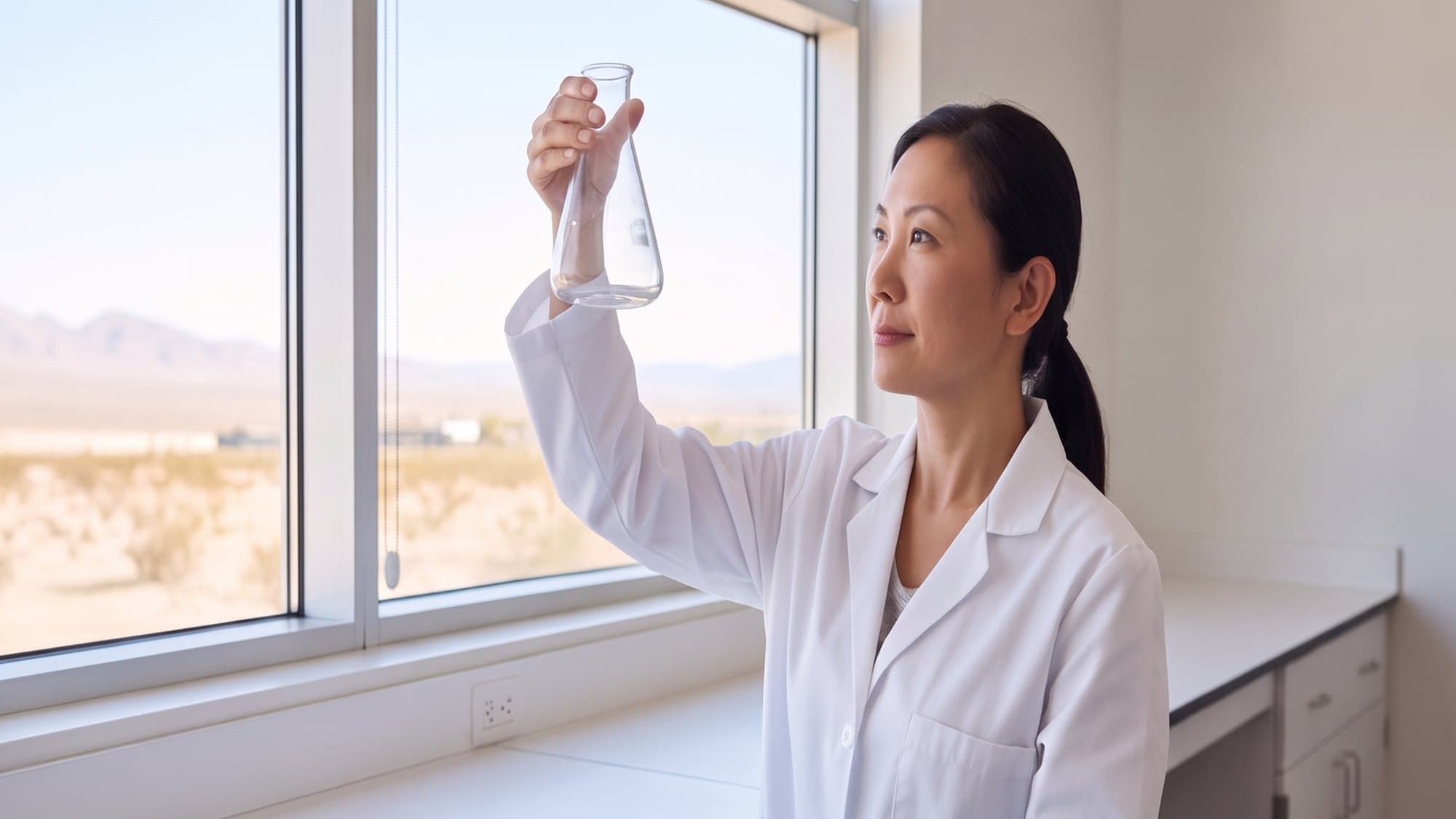 A scientist in a white lab coat holding a glass flask up to a bright window