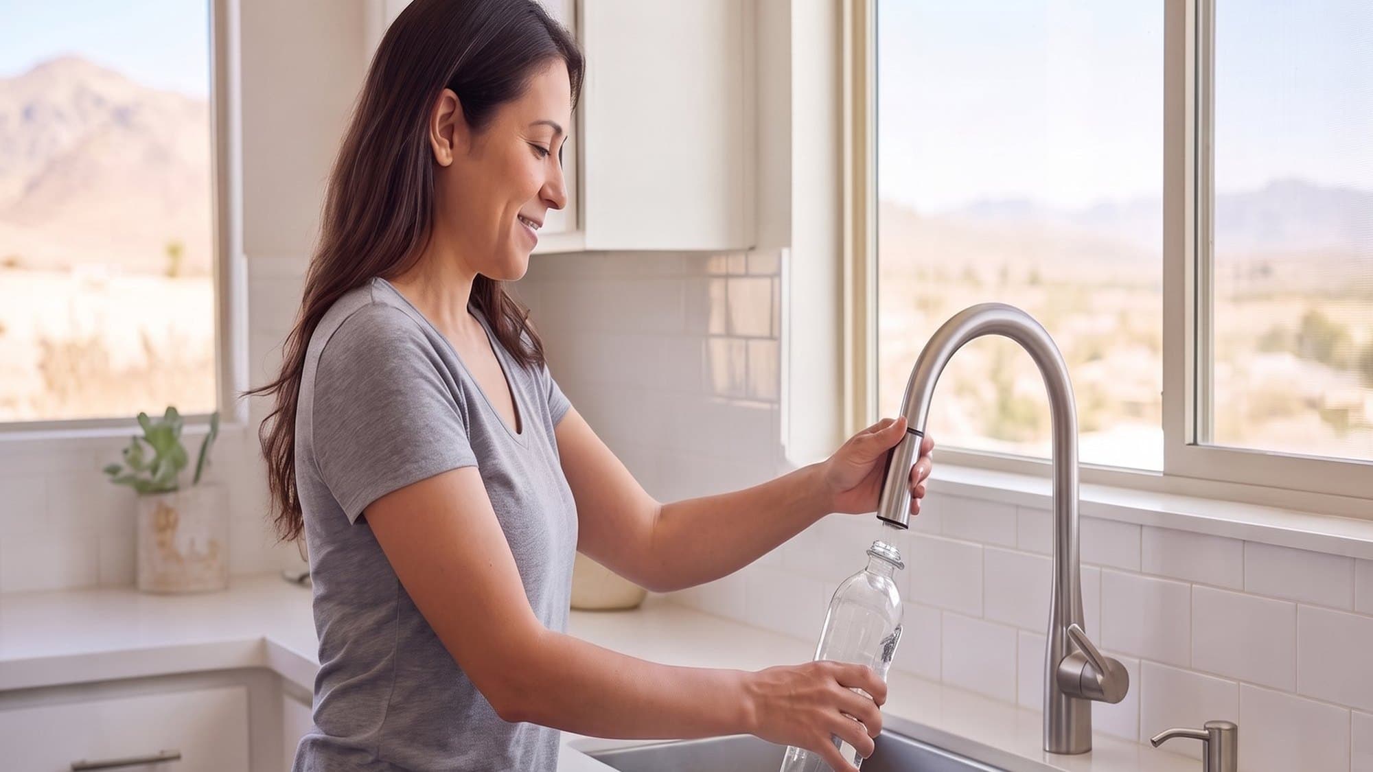 A woman filling a glass water bottle at a bright kitchen sink