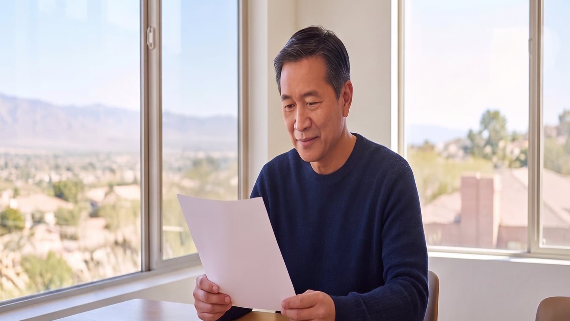 A man reading a sheet of paper at a wooden desk beside a large window with a valley view
