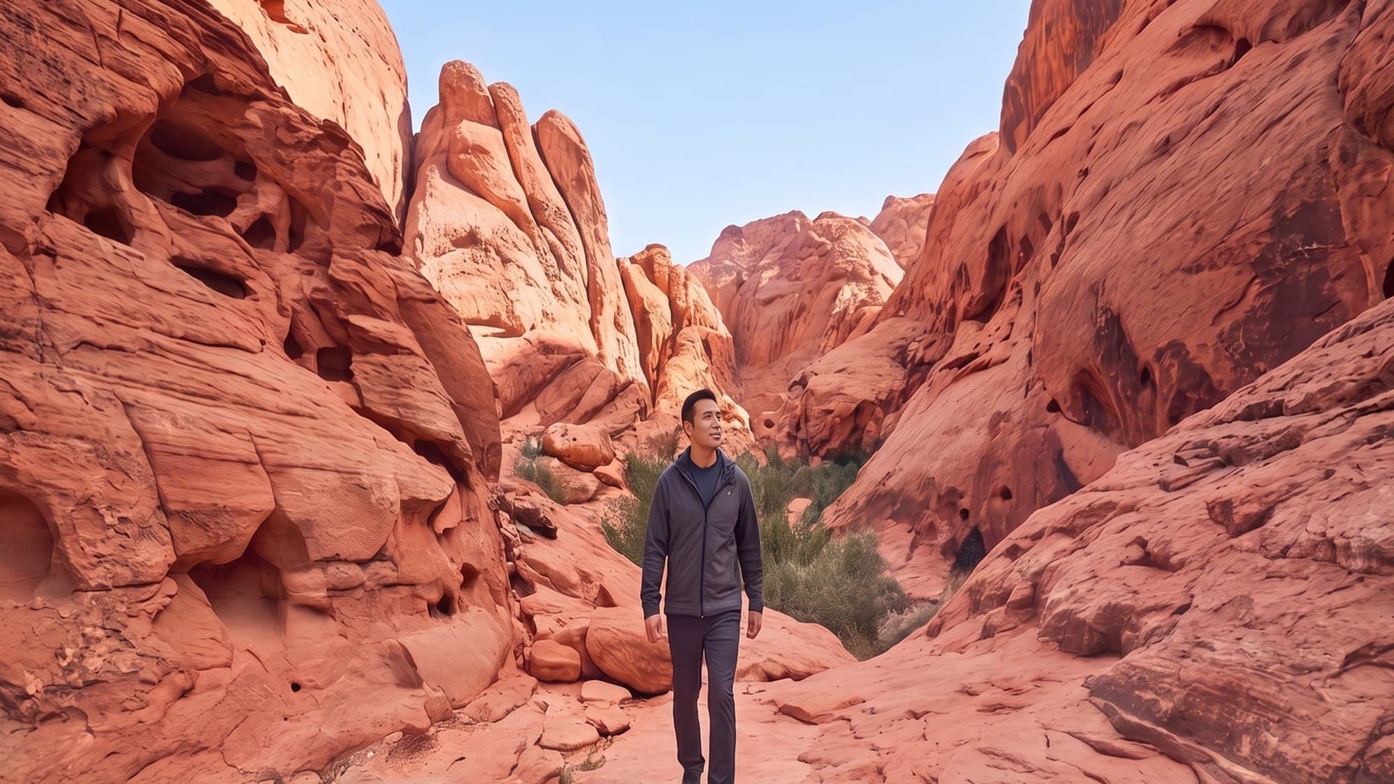 A man walking through a red sandstone canyon in the Red Rock area