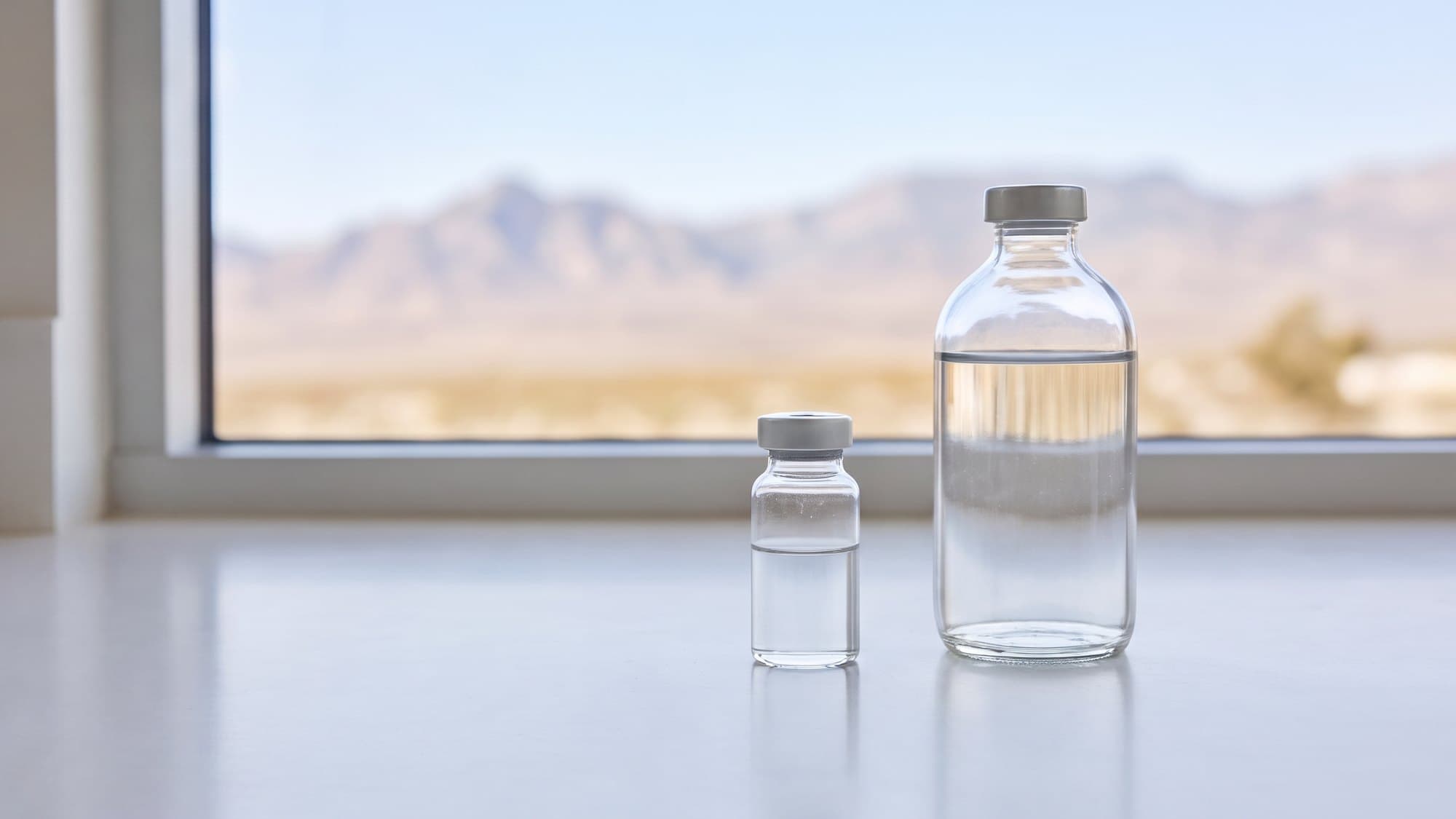 A small sealed glass vial beside a larger clear glass bottle on a white bench in front of a window