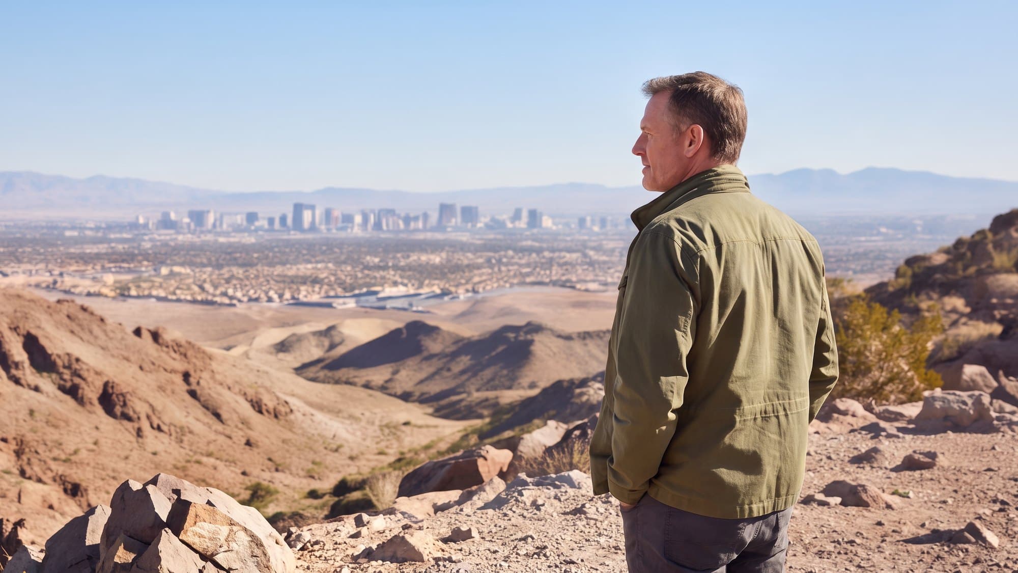 A man standing at a mountain overlook looking toward the Las Vegas skyline in the distance