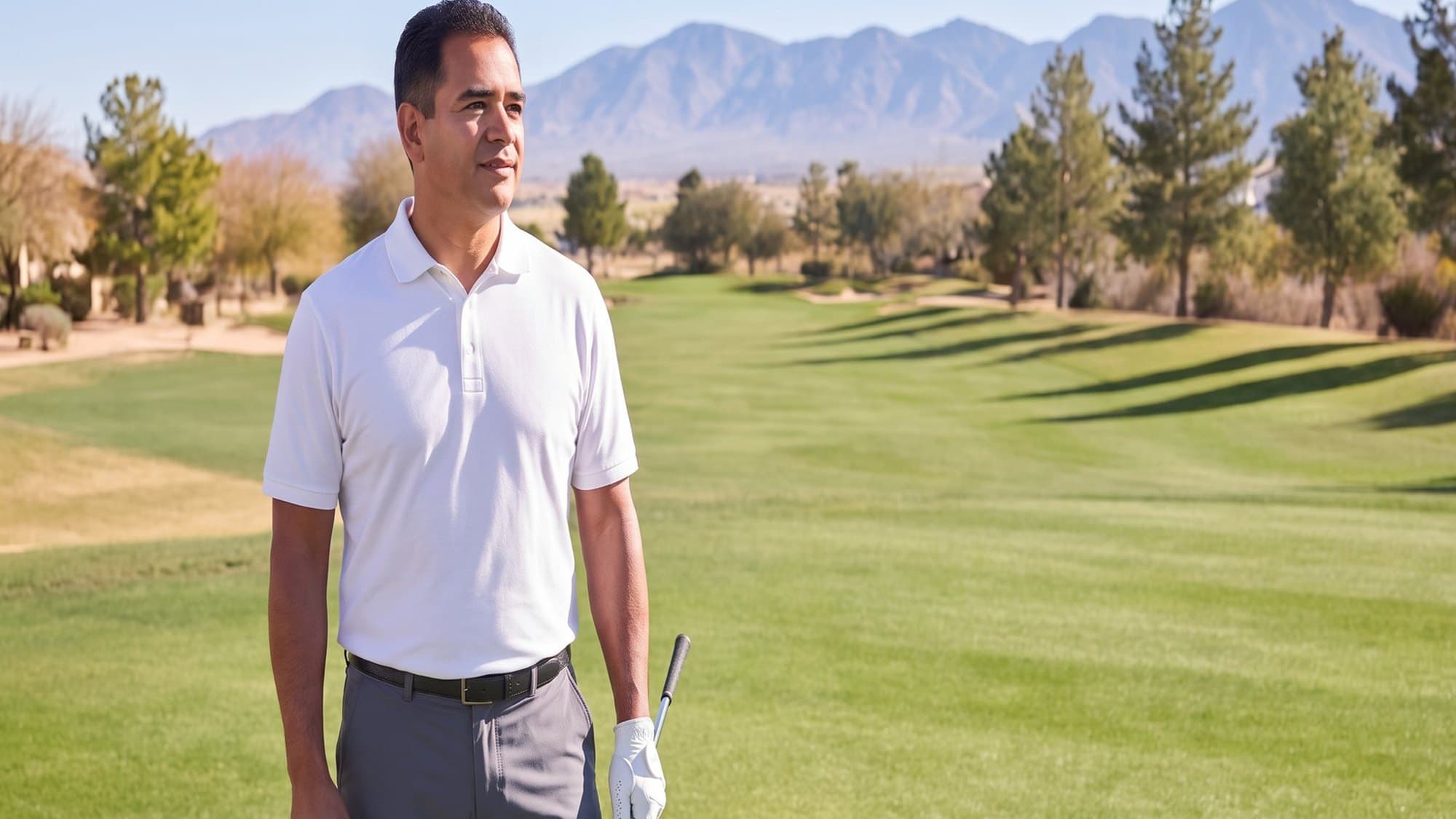 A man in a white polo standing on a green golf fairway with mountains in the distance
