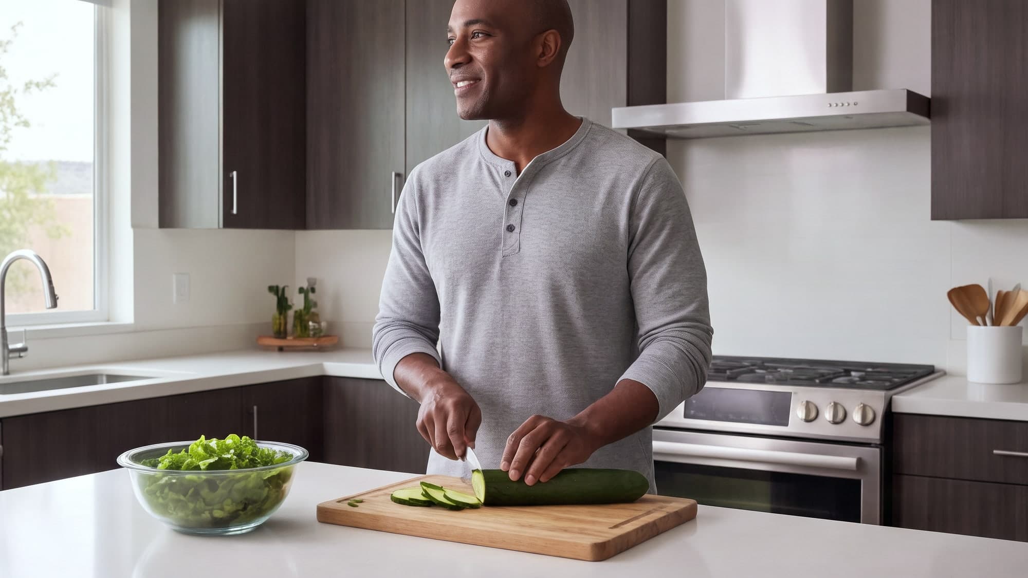 A man slicing a cucumber at a bright modern kitchen island
