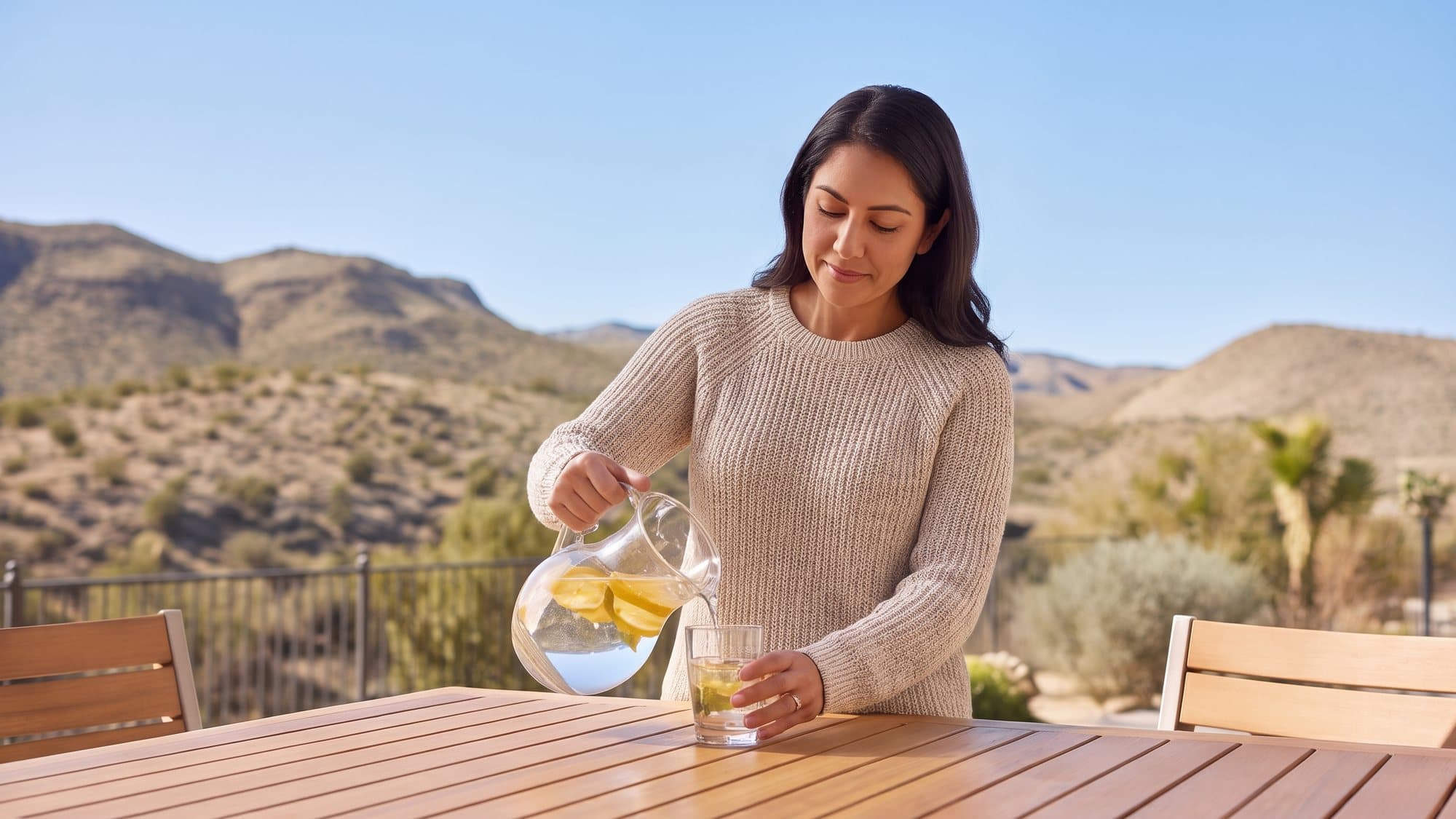 A woman pouring water with citrus slices from a glass pitcher at a sunny patio table with desert hills behind her
