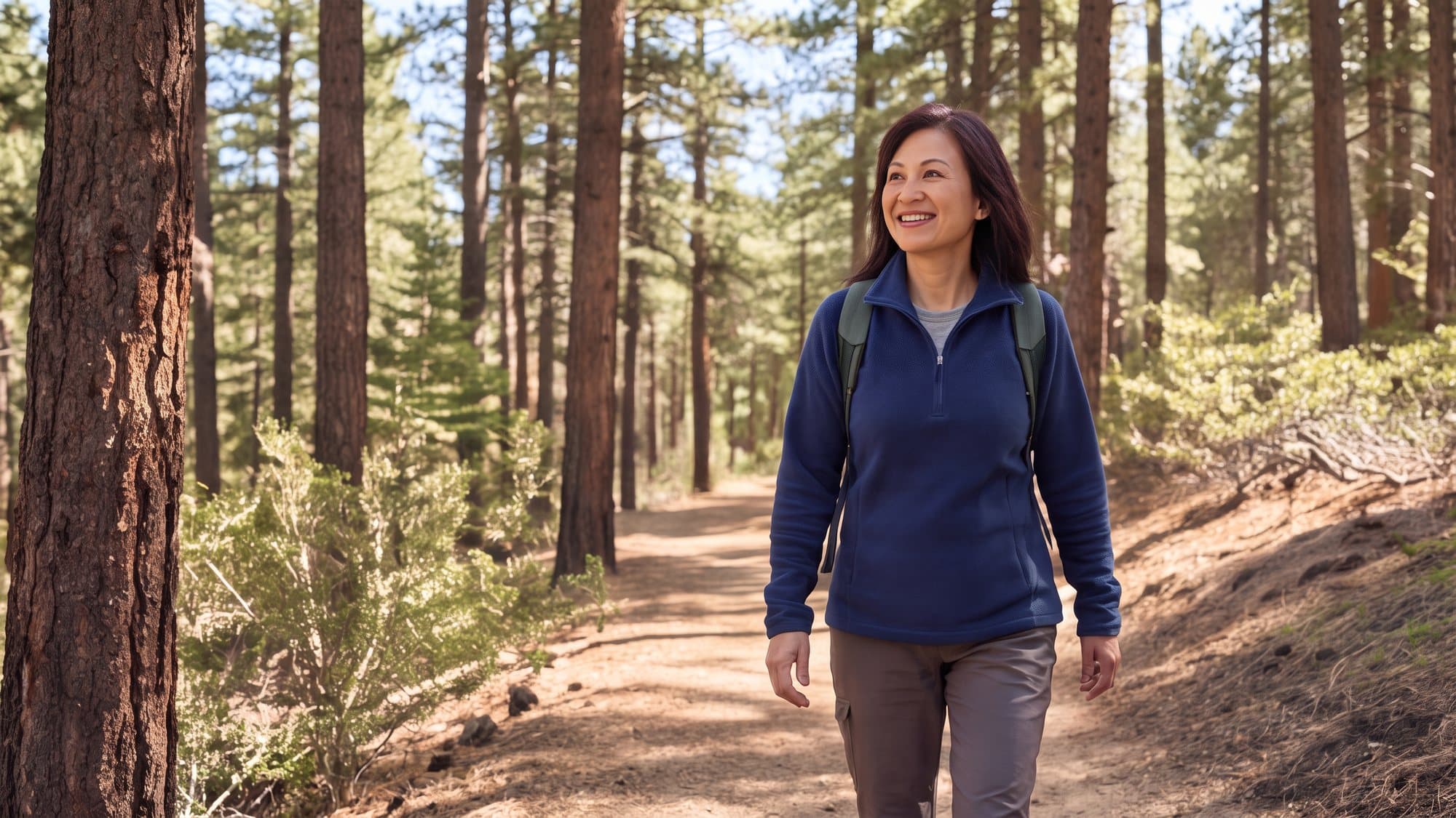 A woman hiking a pine forest trail in the Spring Mountains and smiling