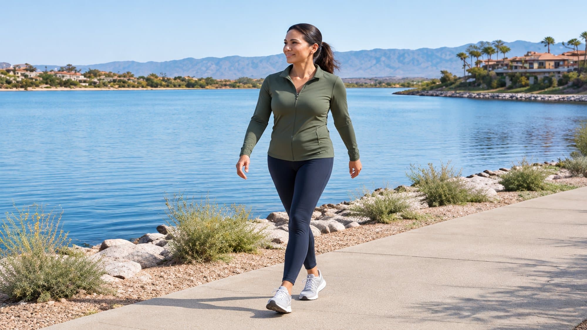 A woman in an olive jacket and dark leggings walks along a paved lakeside path with blue water and desert hills behind her