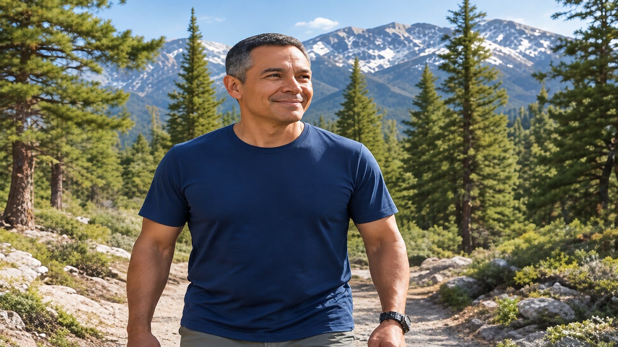A man in a navy t-shirt walks along a pine-lined mountain trail with snow-dusted peaks in the background