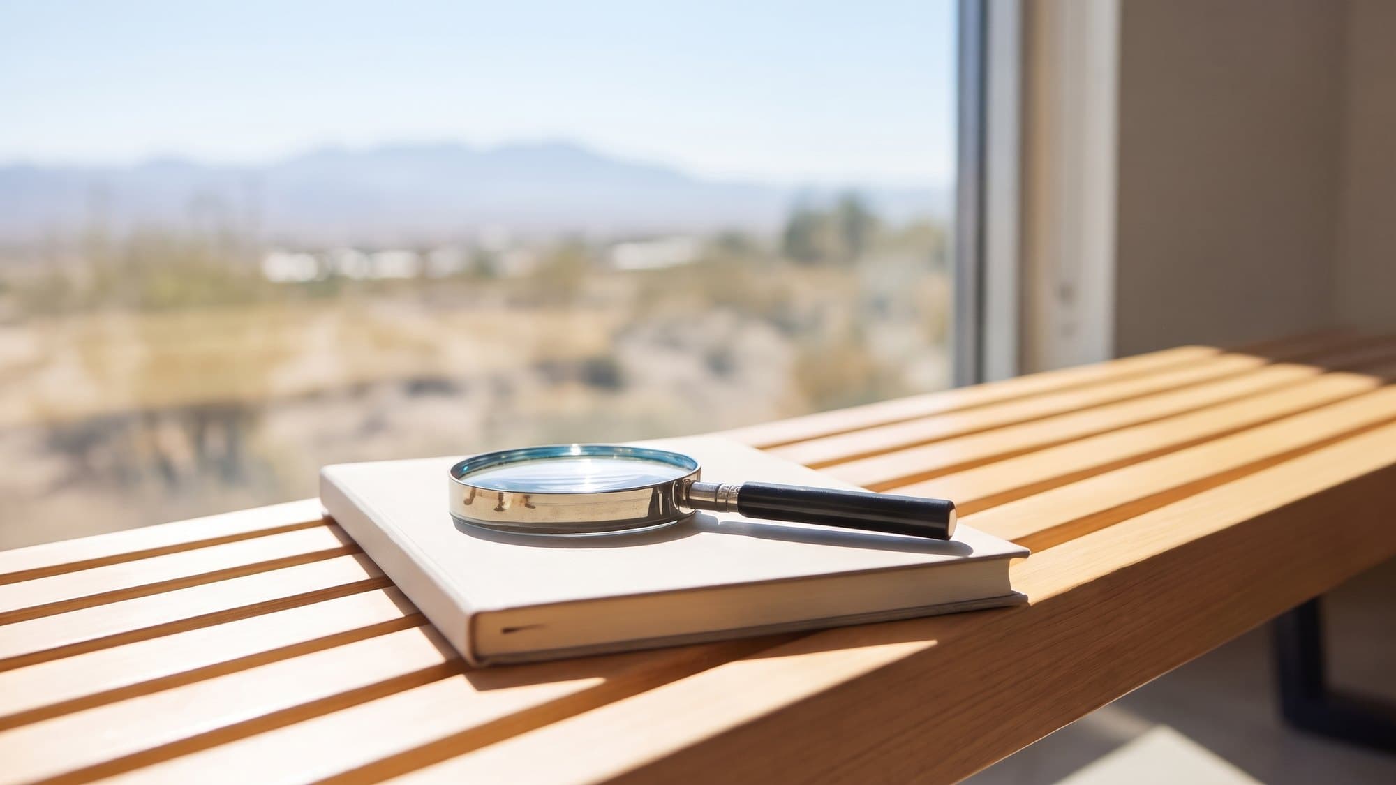 A round magnifying glass resting on a closed notebook on a wooden bench by a window