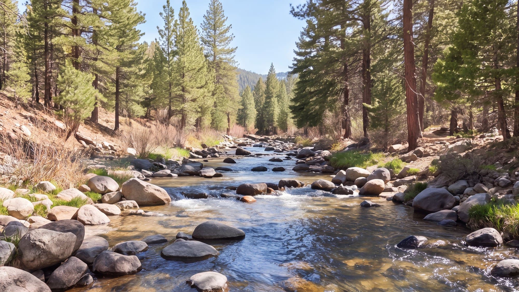 A clear mountain stream running over smooth stones among pine trees