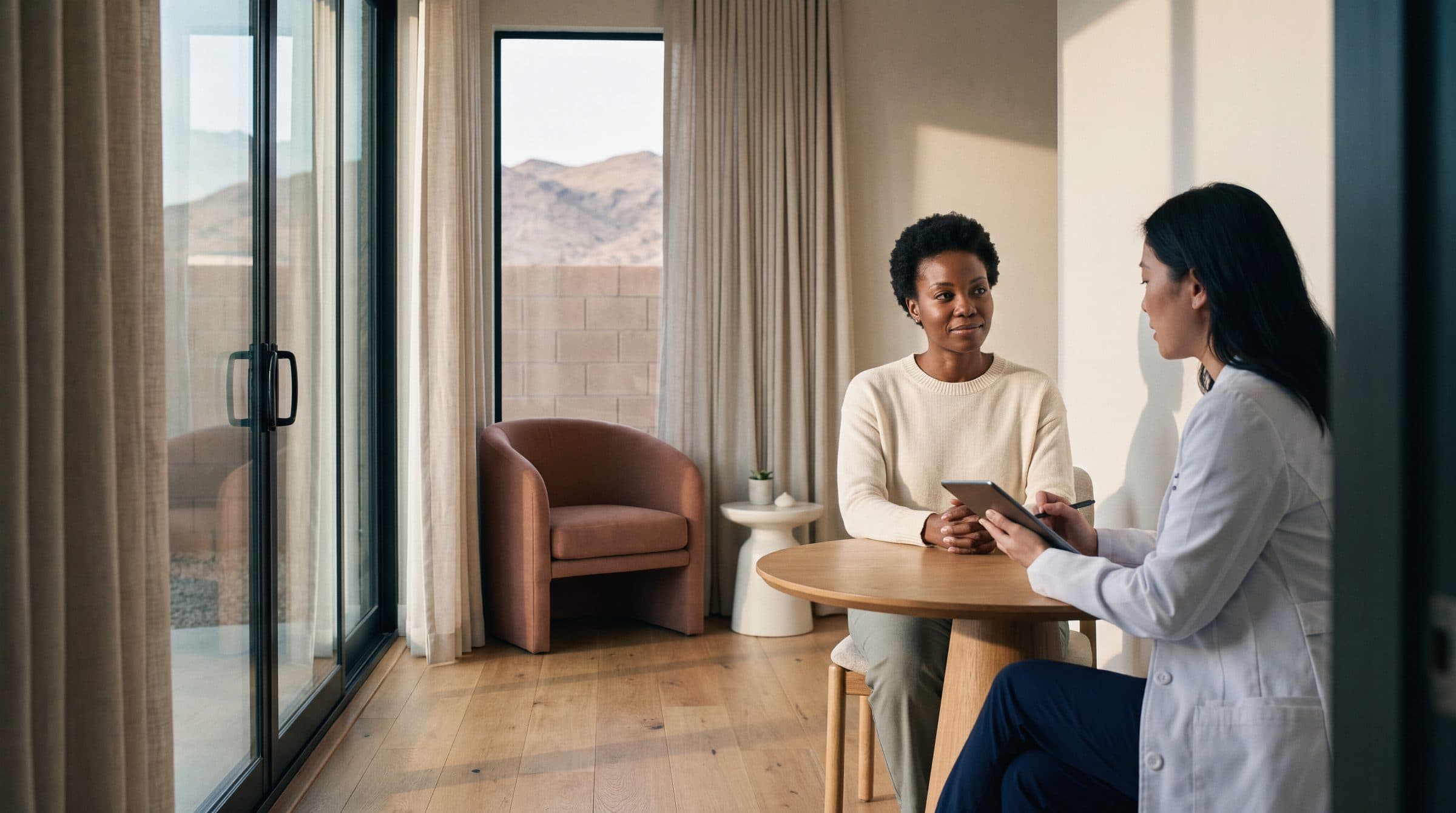 A woman and a provider in a white coat talking across a round wood table in a bright consultation room with a desert view