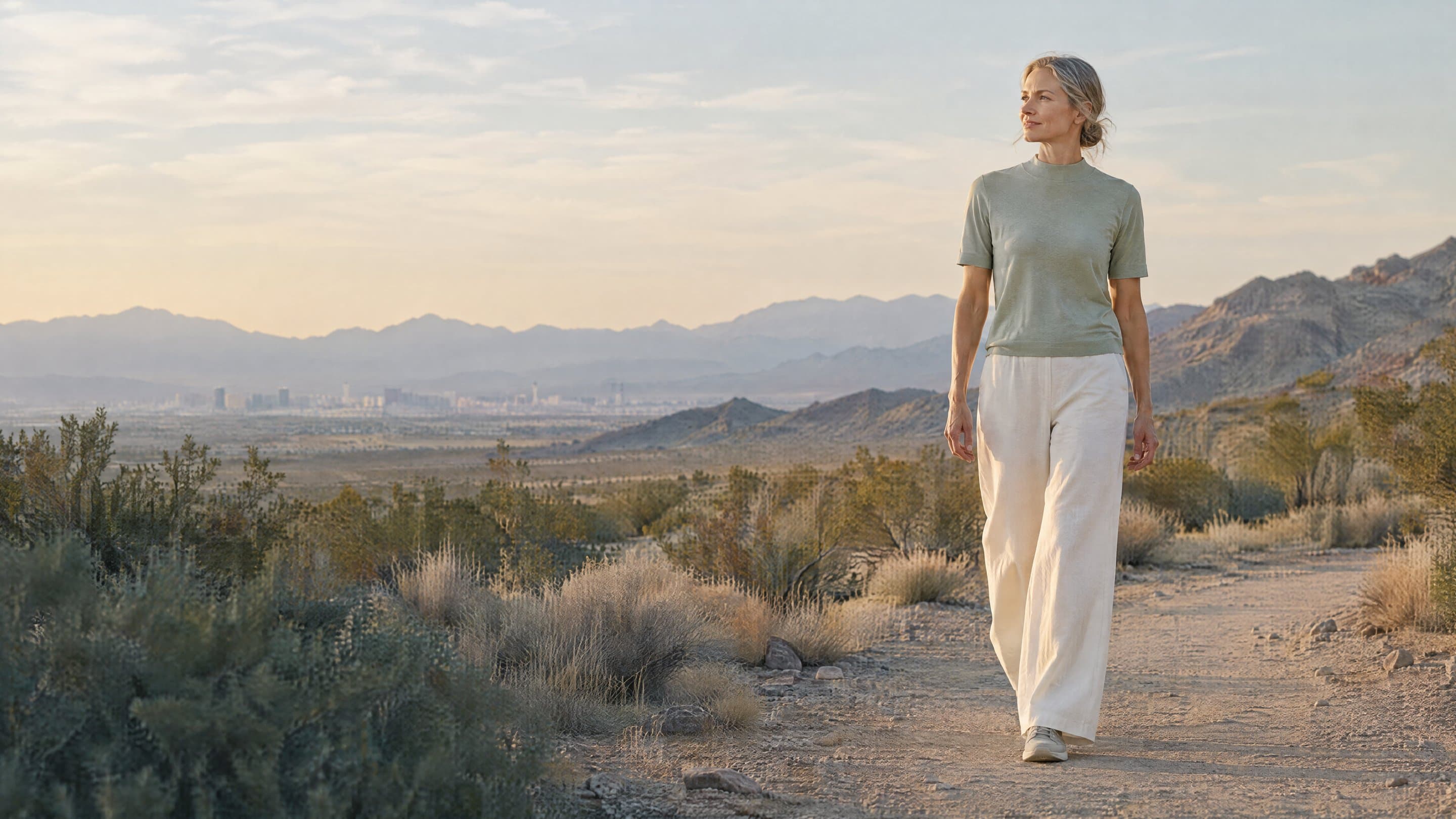 A woman in her fifties walking a desert trail with the Las Vegas skyline and mountains behind her