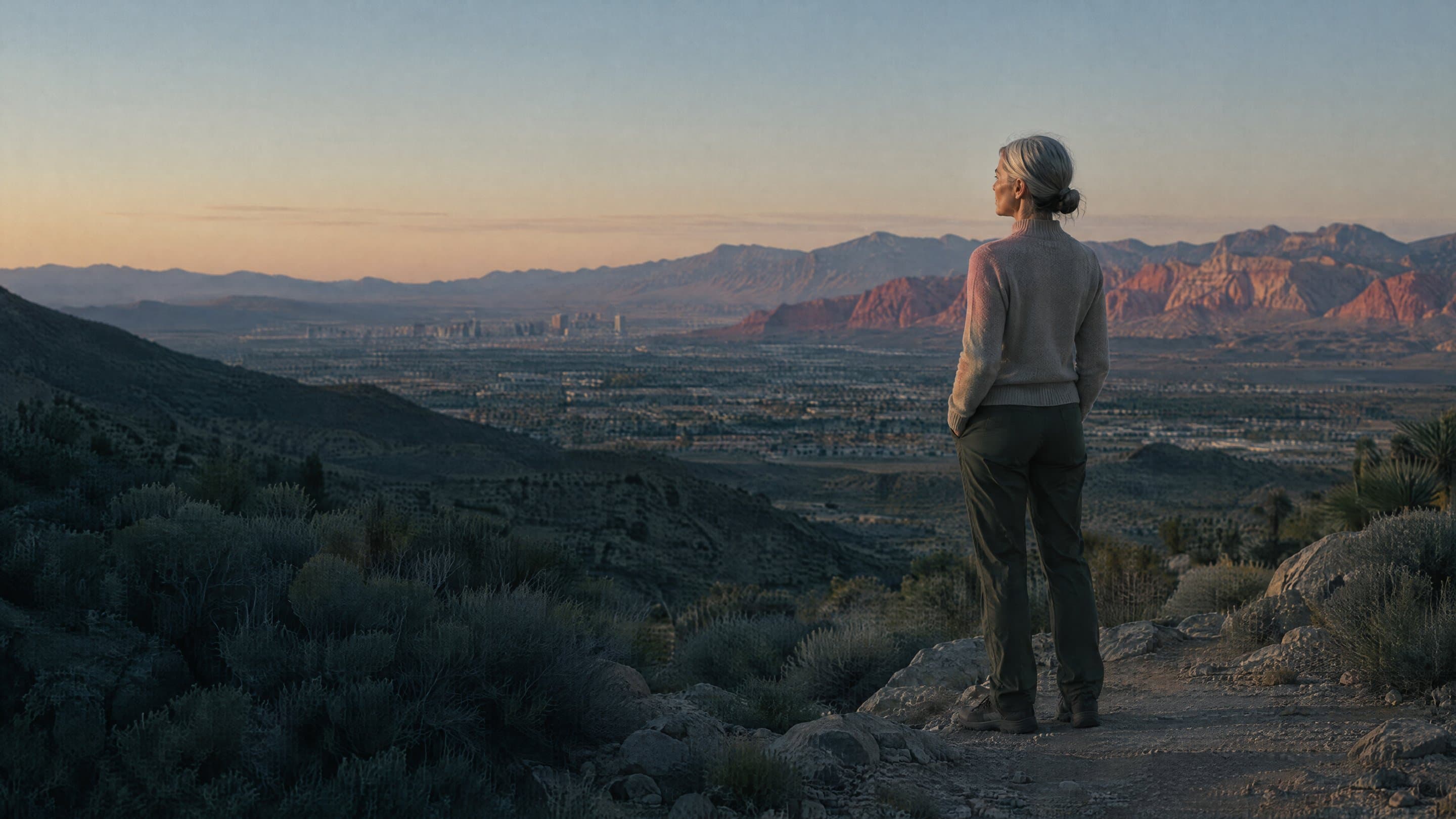 A woman in her fifties standing on a ridge above the Las Vegas valley at dusk, looking toward Red Rock