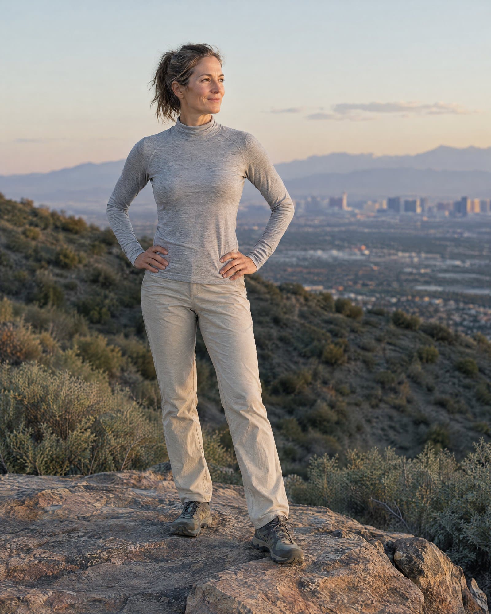 A woman in her fifties on a ridge above the Las Vegas valley, hands on her hips