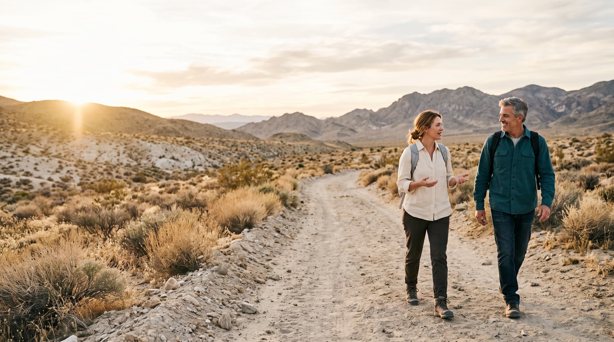 A man and a woman talking as they walk a desert trail outside Las Vegas