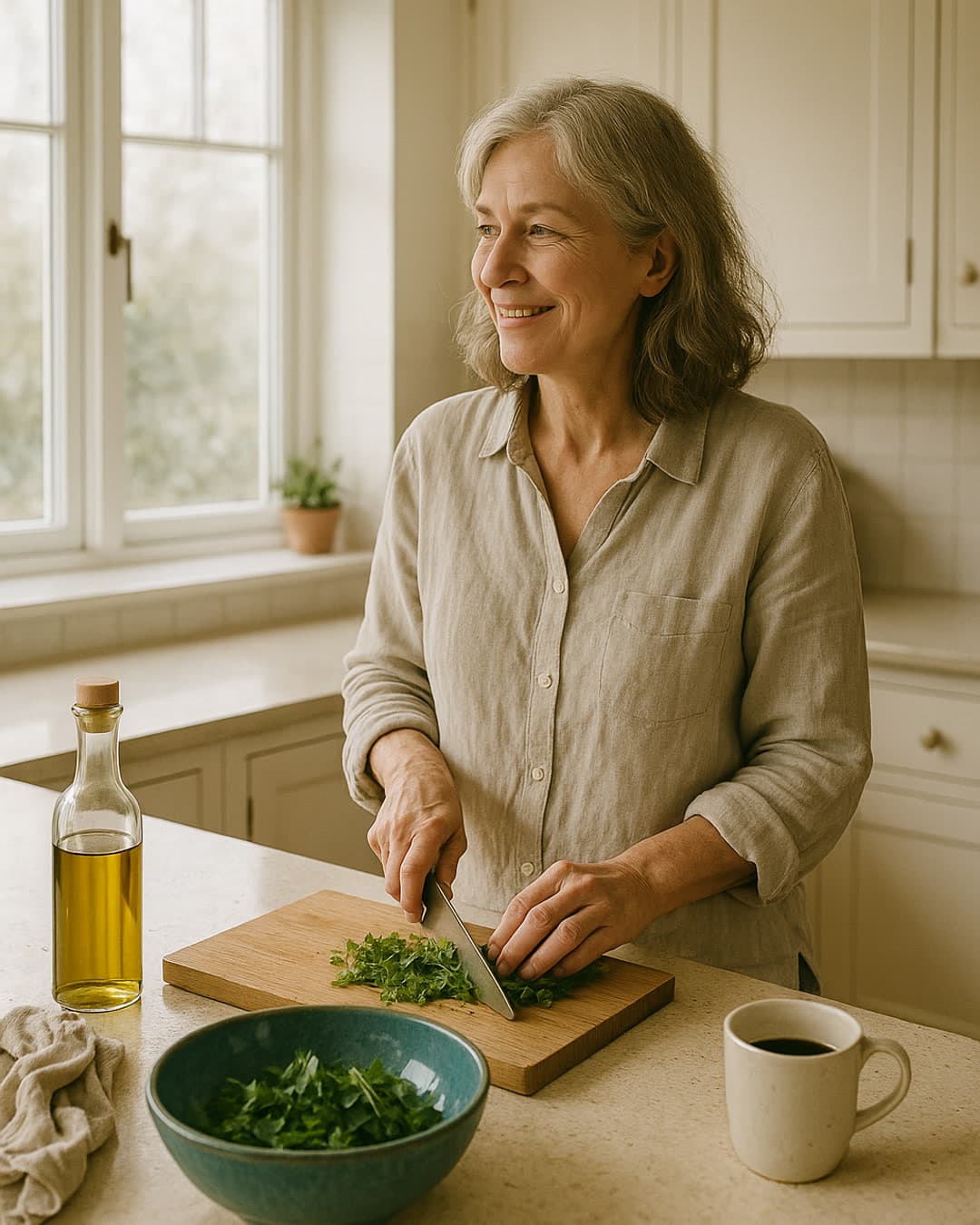 A woman with gray hair smiling as she chops fresh herbs on a wooden board in a cream kitchen