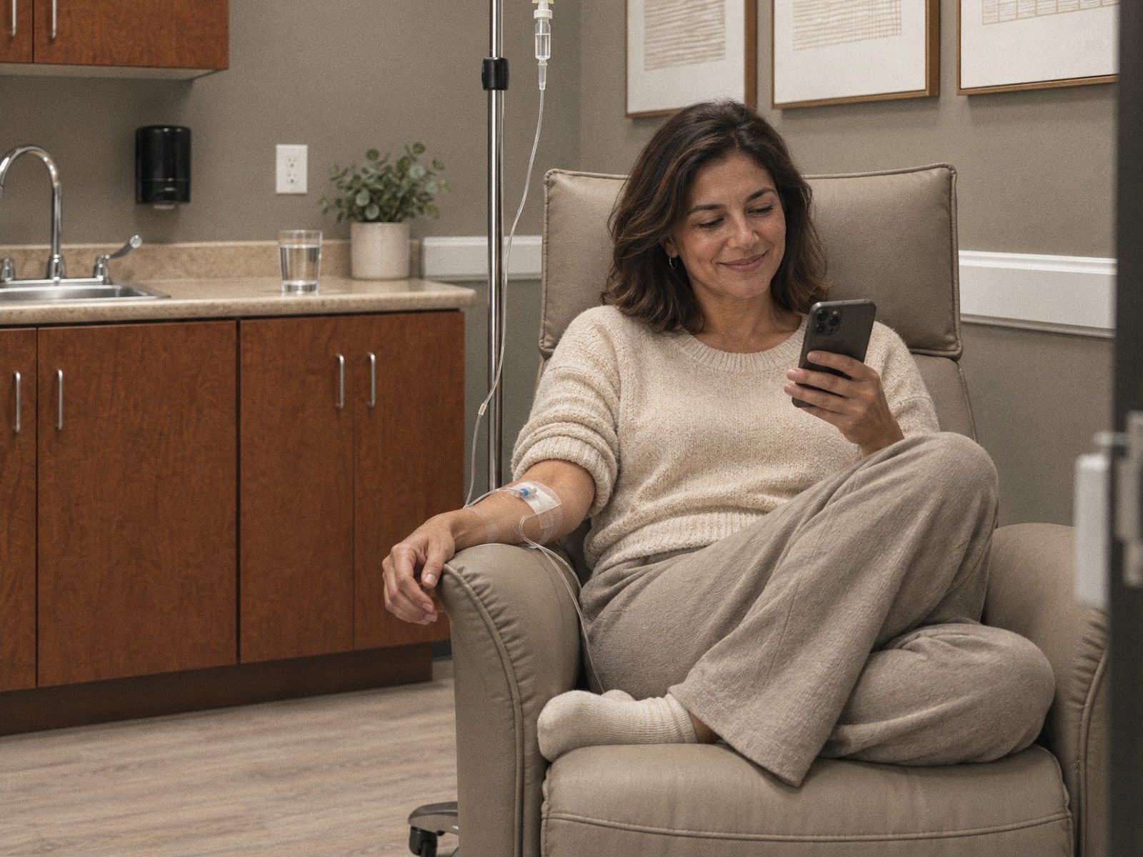 A woman relaxing in a recliner during an IV visit in a private treatment room at GIOSTAR Henderson