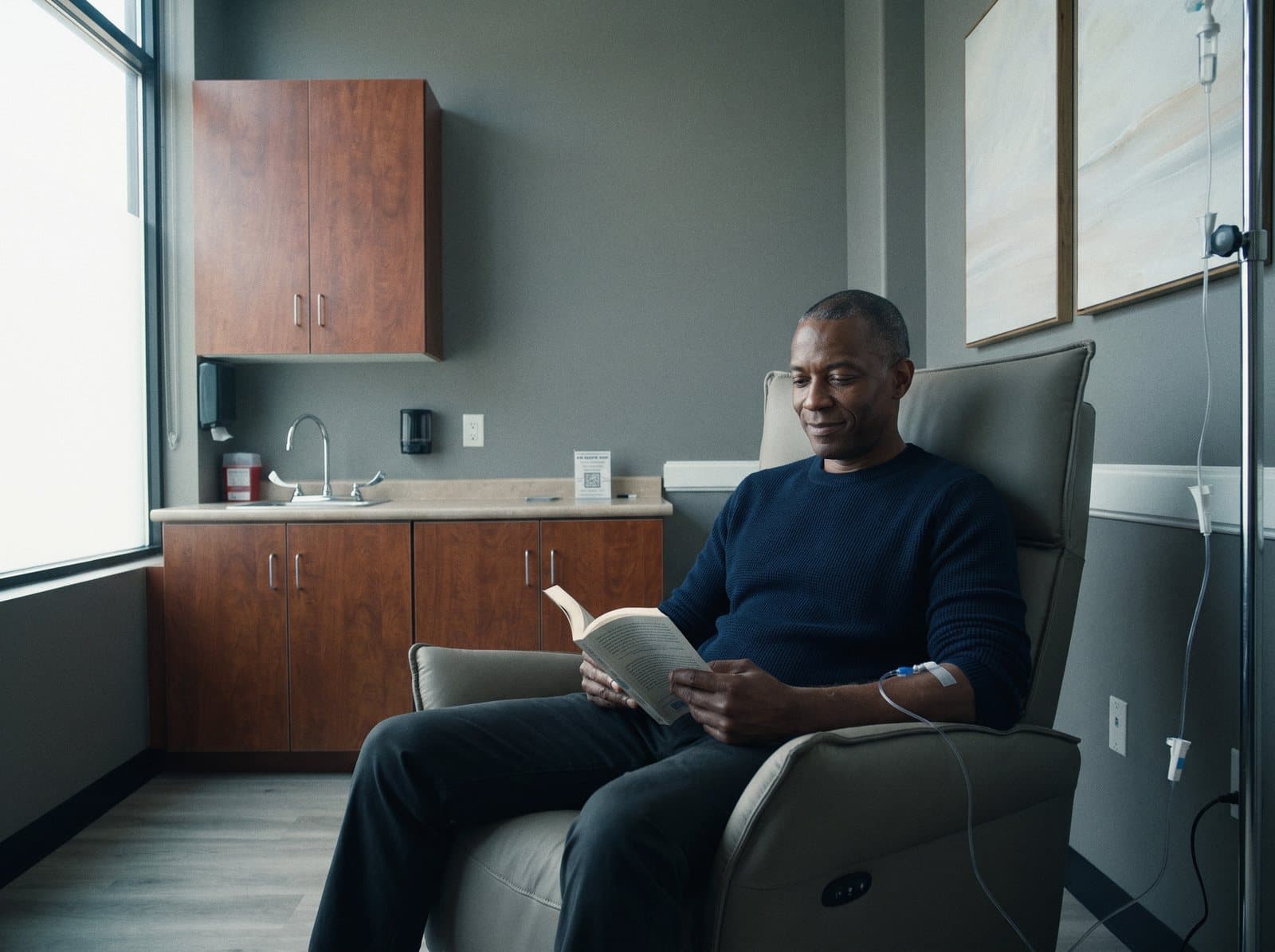 A man reads a paperback in a recliner during an IV visit in the IV room at GIOSTAR Henderson, the drip line taped to his forearm