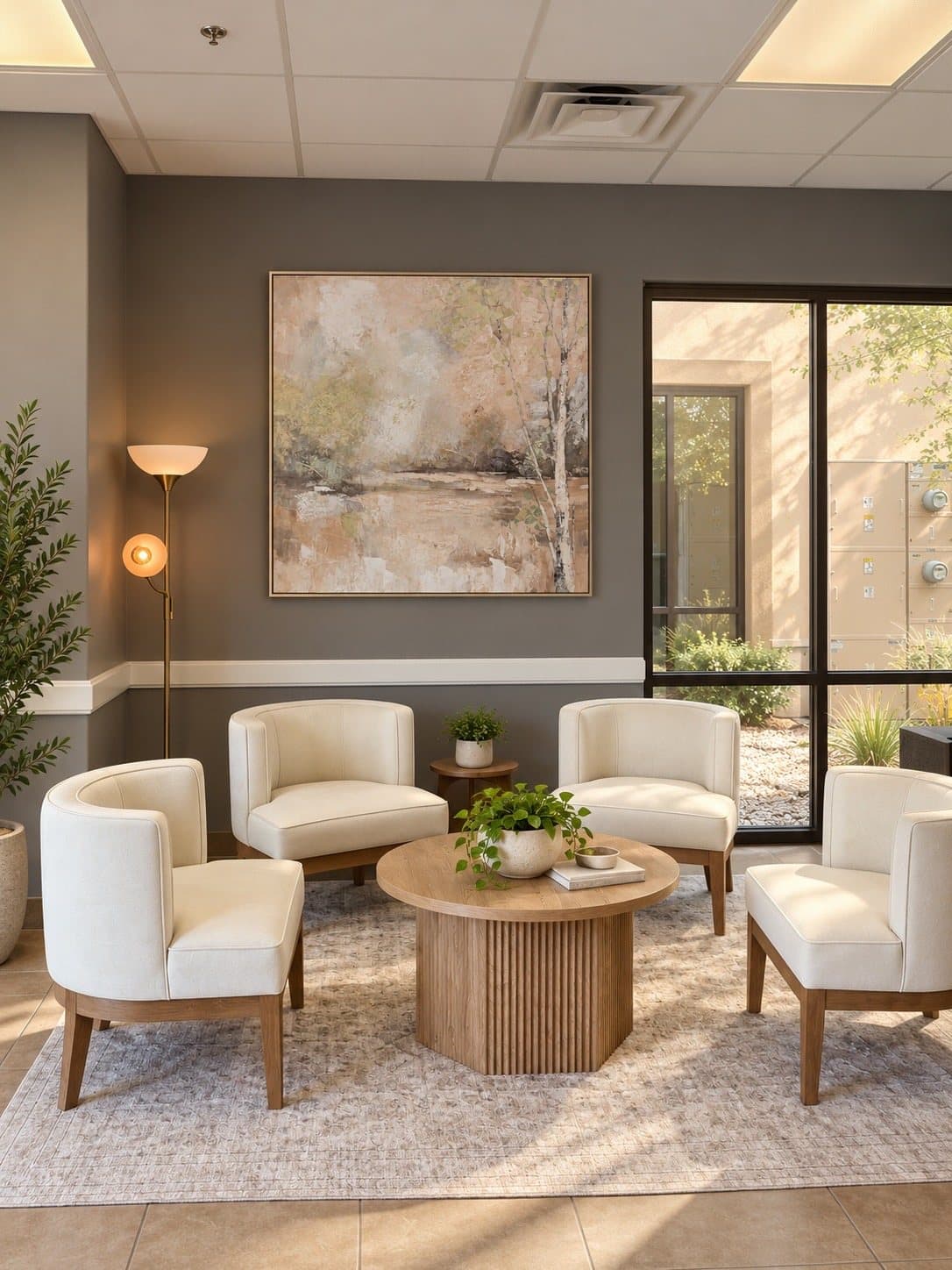 The lobby of GIOSTAR Longevity & Wellness in Henderson, with cream armchairs around a round wood table, a landscape painting and a window onto the courtyard