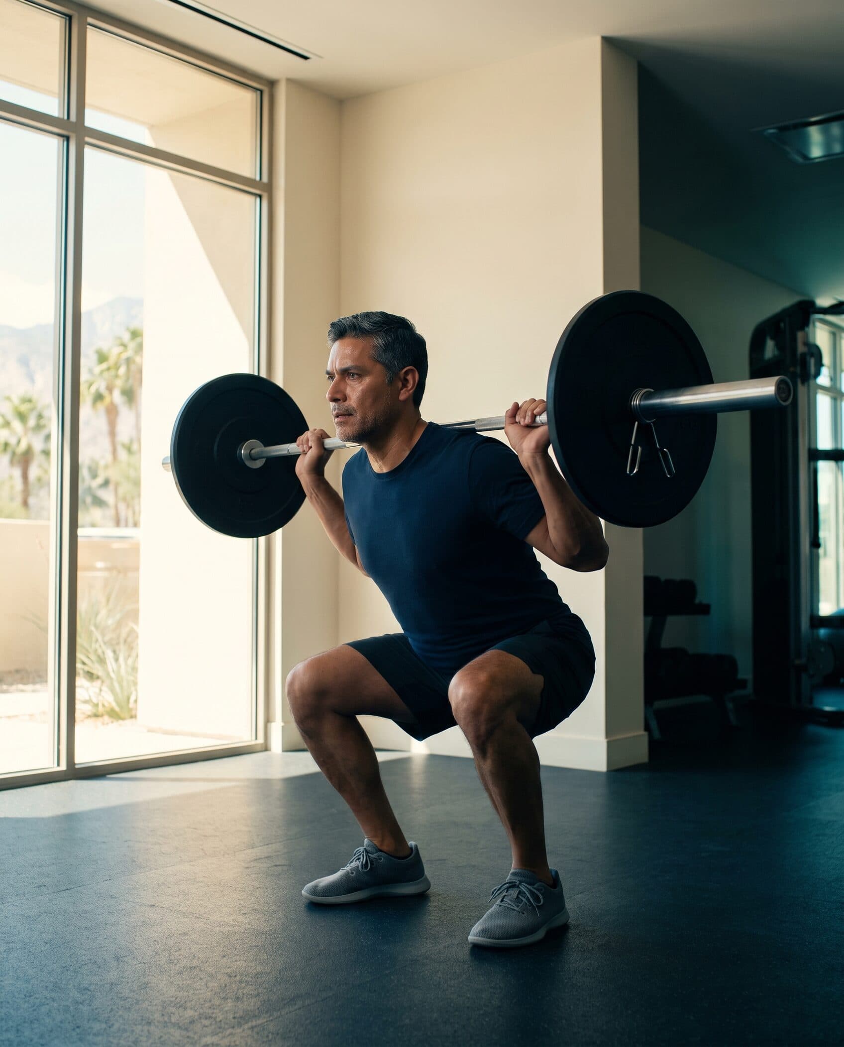 A man in his forties in a barbell squat in a bright gym with a desert view through the window