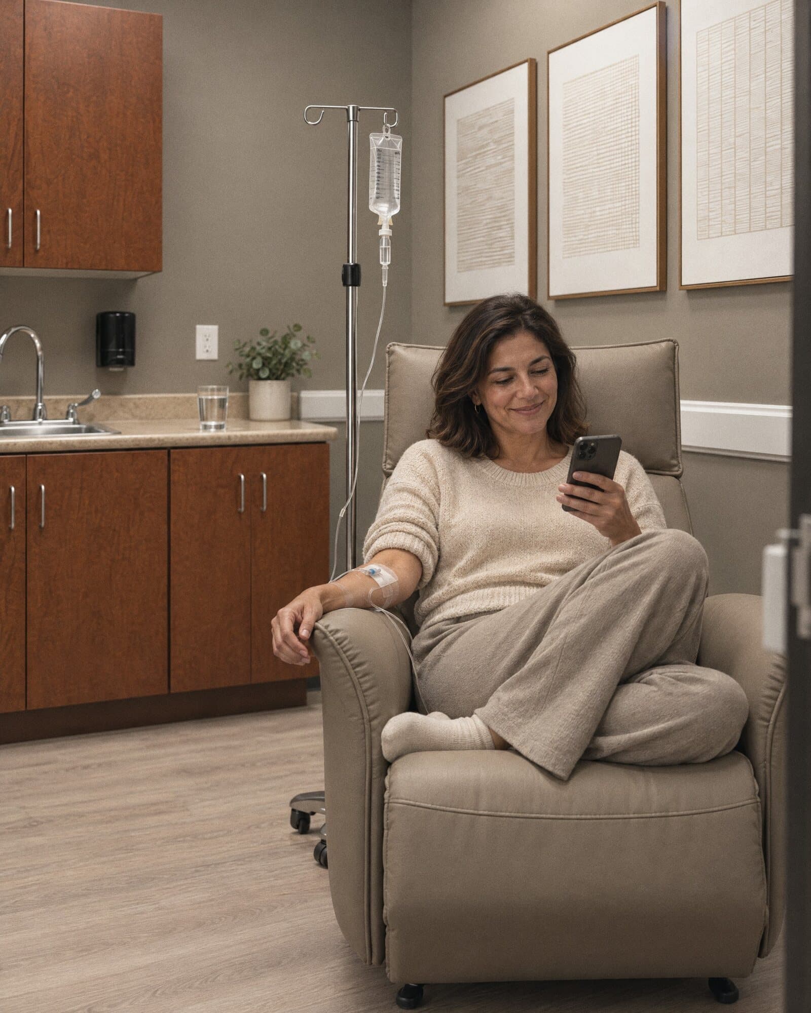 A woman in a recliner in a private IV room at GIOSTAR Henderson, looking at her phone while the IV runs