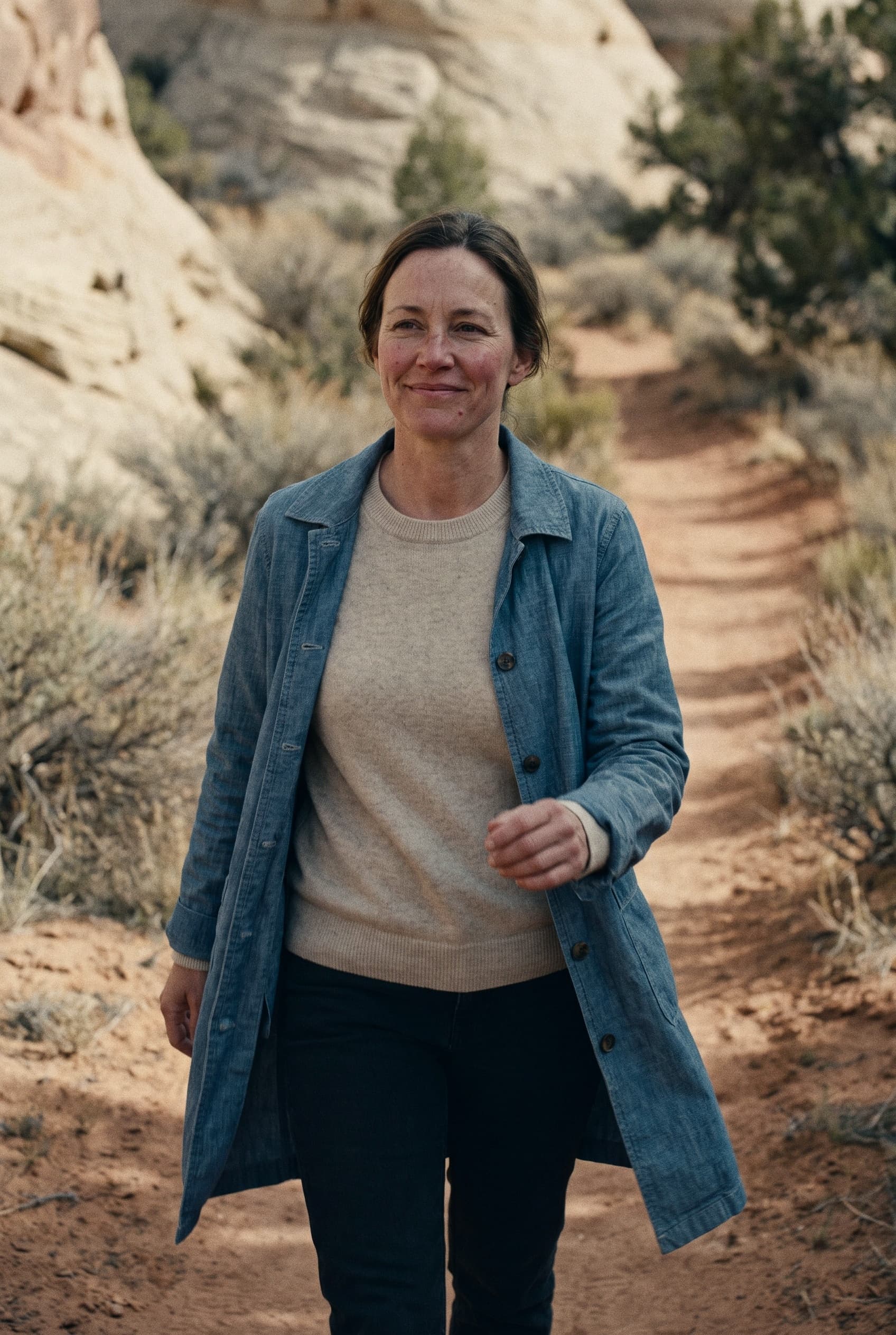 A woman in a denim coat and cream sweater walking a sunlit desert trail past pale rock