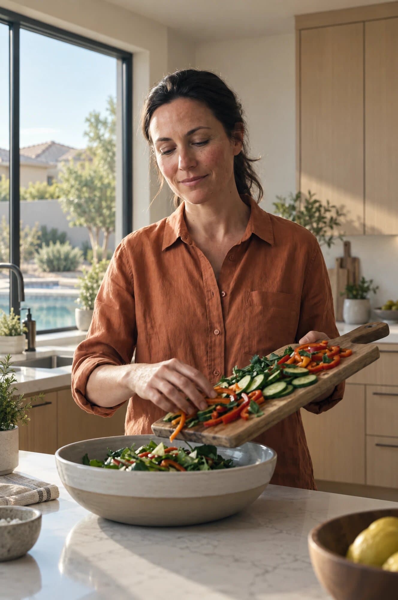 A woman in a terracotta linen shirt tipping chopped vegetables from a cutting board into a salad bowl in a bright kitchen