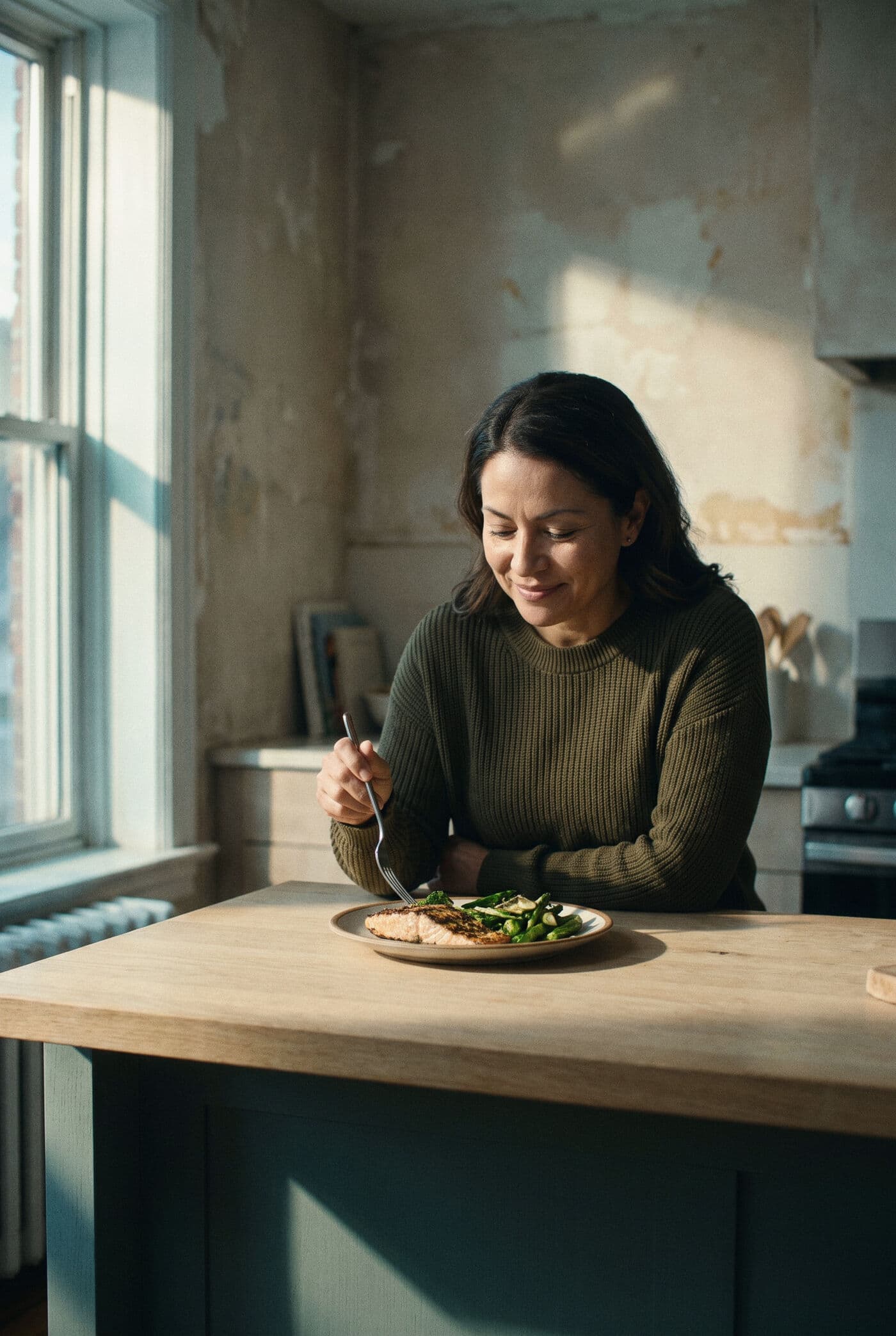 A woman in an olive sweater smiling over a plate of salmon and green vegetables at a wooden counter by a window